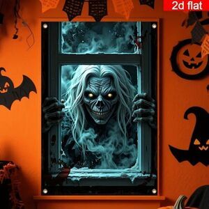 2D Flat Banner Polyester - Haunted Skeleton Window Climbing Spooky Night Scene